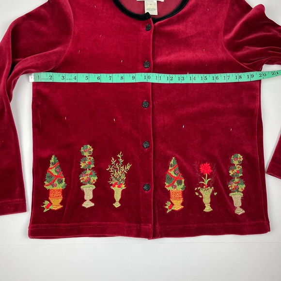 Susan Bristol Red Velour Ugly Christmas Sweater Cardigan Holiday Plants Trees - Picture 14 of 16